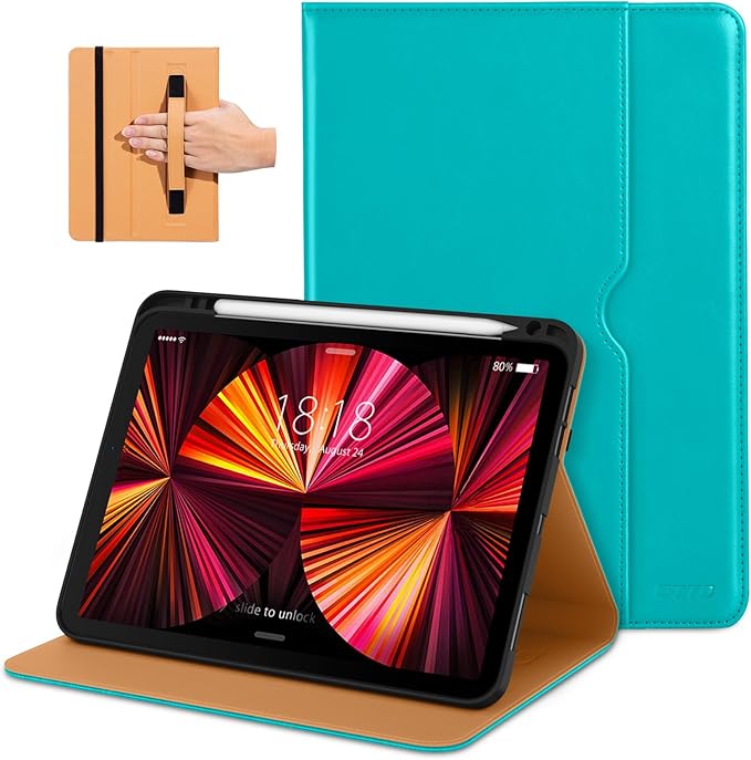 DTTO Case for iPad Pro 11 Inch 4th / 3rd / 2nd / 1st Generation 2022/2021/2020/2018,Premium PU Leather Folio Stand Cover with Hand Strap, Auto Wake/Sleep,Multiple Viewing Angles, Cyan Blue