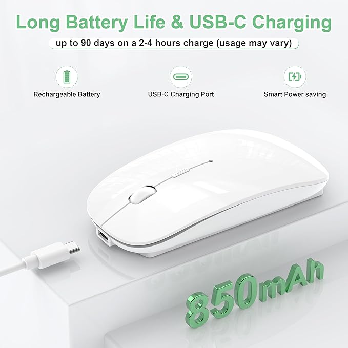 Wireless Mouse for MacBook Pro/Air, Bluetooth Rechargeable Mouse with USB-C, Slim Mouse Jiggler for iPad/iMac/Laptop/PC, 2.4G Dual Mode, Silent Click, Compatible Mac OS/Windows, White