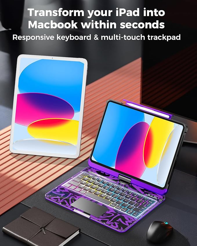 TSQQST Clear Wireless Keyboard Case for iPad (A16) 11th Generation 11-inch 2025/ iPad 10th Generation 10.9-inch 2022 with Pencil Holder & Multi-Touch Trackpad, 7-Color Backlit, 360 Rotatable, Purple