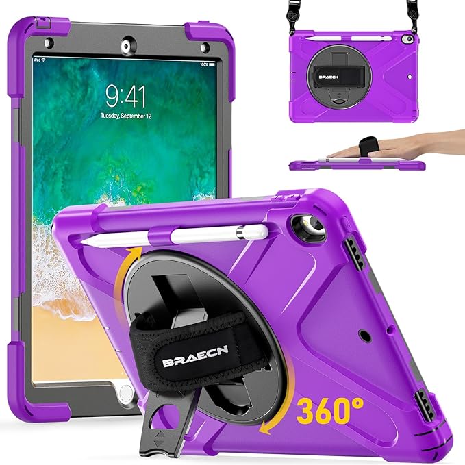 BRAECN Case for iPad Air 3rd Generation 2019 / iPad Pro 10.5 inch 2017, Rugged Heavy Duty Shockproof Cover with Pencil Holder, 360° Rotating Kickstand & Adjustable Hand Strap & Shoulder Strap for Kids