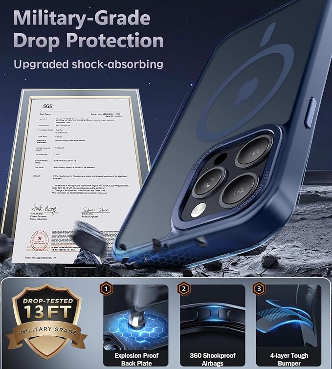 Newfuture Designed for iPhone 13 Pro Max Case with Magnetic [13 FT Military Drop Protection] [Compatible with Magsafe] Slim Translucent Matte Shockproof with Anti-Fingerprint Phone Case, Navy Blue