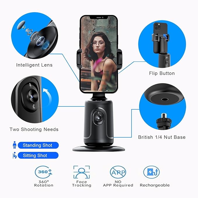 GREEN HOUSE Auto Face Tracking Phone Holder & Mount, 360°Fast Rotation, Gimbal Stabilizer for Influencer Content Creating Vlog, YouTube, TikTok, Gesture Recognization, GH-USTTA-BK