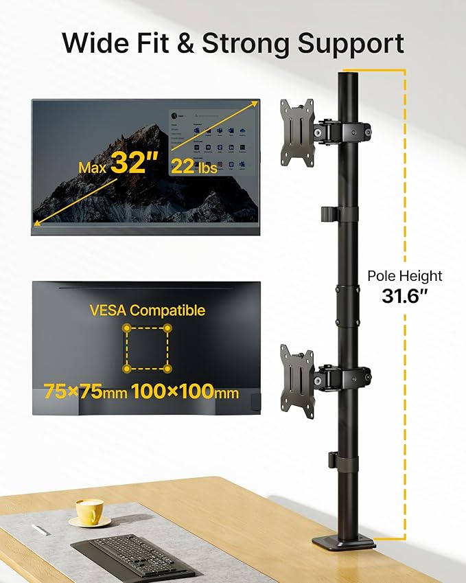 monTEK Stable Vertical Dual Monitor Mount, Stacked Desk Stand for Two 17-32 inch Screens, Full Motion Arm with Tilt, Swivel, Rotation, Supports 22 lbs per Side, C-Clamp/Grommet Base, VESA 100×100mm