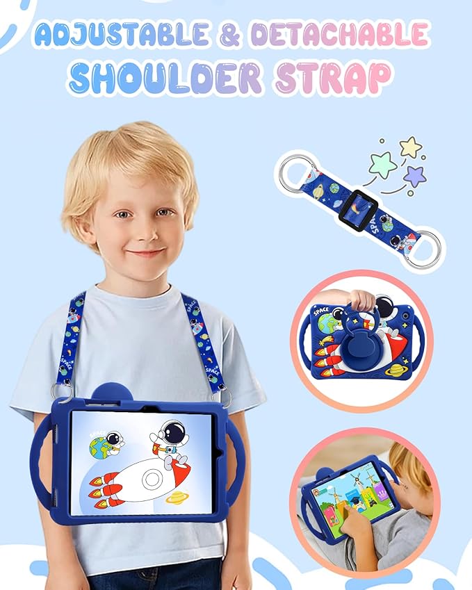 Boaretiu for Samsung Galaxy Tab A9 Plus Case - Cute Boys Cartoon Soft 3D Astronaut Spaceship Silicone Case with Strap & Rotating Stand for Girls Teens Tablet Cover for Samsung Tab A9+