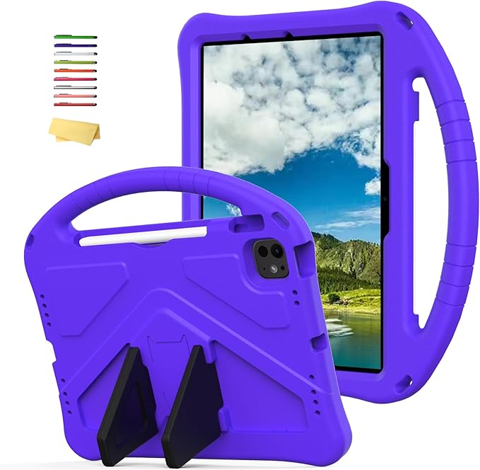 Kids Case for iPad Air 11 inch M4/M3/M2 (2026/2025/2024) & iPad Pro 11 inch M5/M4 (2025/2024) with Pencil Holder/Handle Kickstand/Lightweight Soft EVA Shockproof Boy Girl Stand Cover, Purple