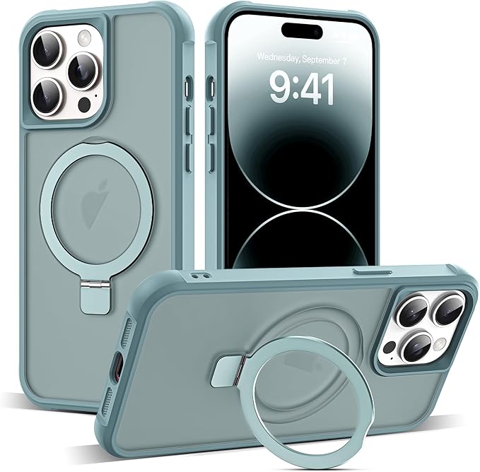 SKYLMW Compatible with iPhone 14 Pro Case with Invisible Magnetic O-Ring Stand Military-Grade Translucent Case for iPhone 14 Pro 6.1" [Compatible with Mag-Safe][Great Grip Feeling], Blue