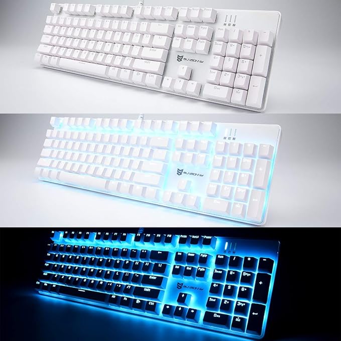 Merdia 104 Keys Full Size Mechanical PC Gaming Keyboard | Brown Switch Hot Swappable White Mechanical Wired Computer Keyboards | Ice Blue LED Backlit 104 Keys US Layout Light Up Wired Gaming Keyboard