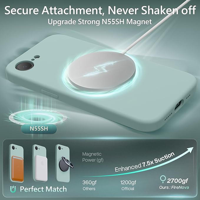 FireNova Magnetic for iPhone 17e Case/iPhone 16e Case, Compatible with MagSafe, [Silicone Camera Protection] Microfiber Lining Phone Case, 6.1", Mint Green