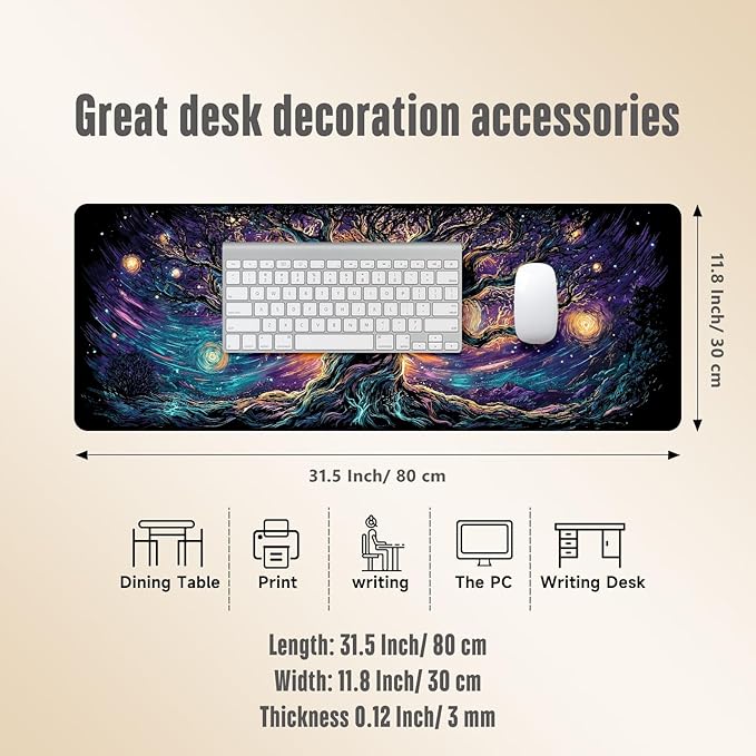 Extended Gaming Mouse Pad, Large Mouse Mat 3 mm Nature Rubber Base Mousepad with Stitched Edges, Non-Slip Desk Mat for Office Home Great Gift 31.5x11.8 Inch (Elven Forest 1)