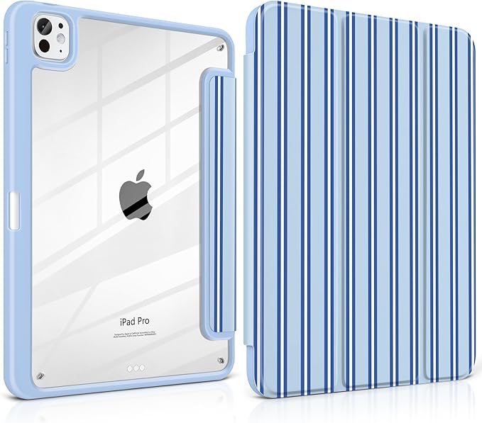 Case for iPad Pro 11 Inch (M5 2025 M4 2024) – [Built-in Pencil Holder], Shockproof & Stylish, Clear Hard Back + Soft TPU Edge, Magnetic Trifold Stand, Auto Wake/Sleep, Blue Stripes
