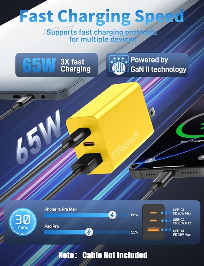 2Pack 65W USB C Charger Block, 3Port Fast Charging Adapter,Type C Fast Charging Blocks Cube PD USBC Wall Plug+QC3.0 USB A Charger Brick for MacBook Pro/Air,iPad,iPhone17/16,Samsung S26/S25&More-Yellow