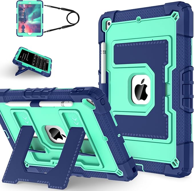 Kids Friendly Case for Apple iPad 10.2" 9th 8th 7th Generation 2021/2020/2019 Case with Pencil Holder & Shoulder Strap, Military Grade Shockproof Kickstand Hard Shell Protective Cover,Blue+Mint