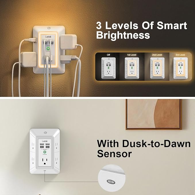 Multi Plug Outlet Surge Protector - Lvetek 3-Sided Power Strip with 5 Outlet Extender and 4 USB Ports(2 USB-C) and Night Light, USB Wall Charger for Home, Office, Travel, ETL Listed, White