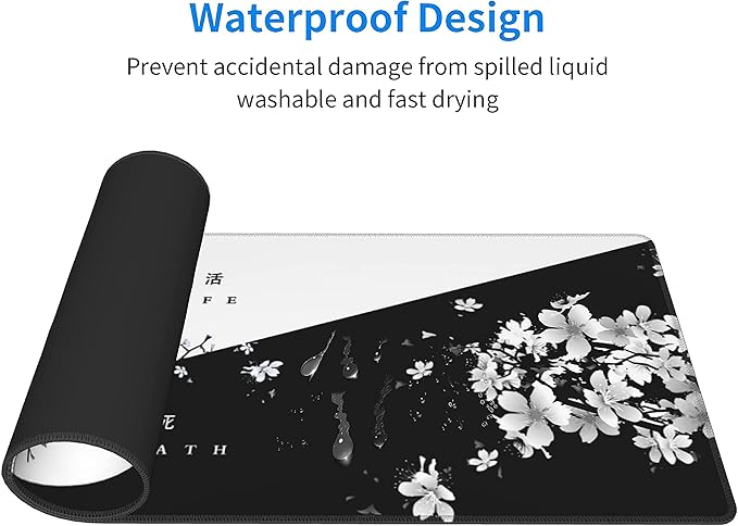Black White Cherry Blossom Mouse Pad Japanese Sakura Death Life Flower Extended Desk Mat 80X30 cm Non-Slip Rubber Base Stitched Edge Large XL Playmat for Keyboard Gaming Laptop Desktop,31.5×11.8 Inch