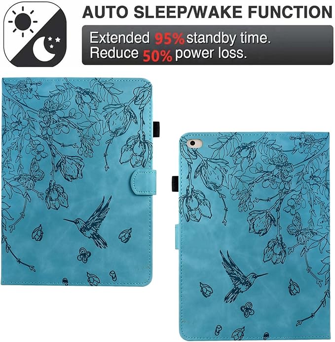 for iPad 9.7 Inch Case iPad 6th/5th Generation Case 2018 2017, Embossed Suede Leather Folio Stand Cover for iPad 9.7 inch/Pro 9.7/Air 2/Air 1, Auto Sleep/Wake, Blue Bird Flower Embossing