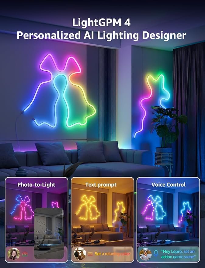 Lepro N1 AI Smart RGB Rope Lights for Christmas, Personalized AI Lighting Designer, LightBeats Music Sync, Color Segment DIY, Voice Control Via App, 9.84ft Wi-Fi & Bluetooth LED Strip Lights