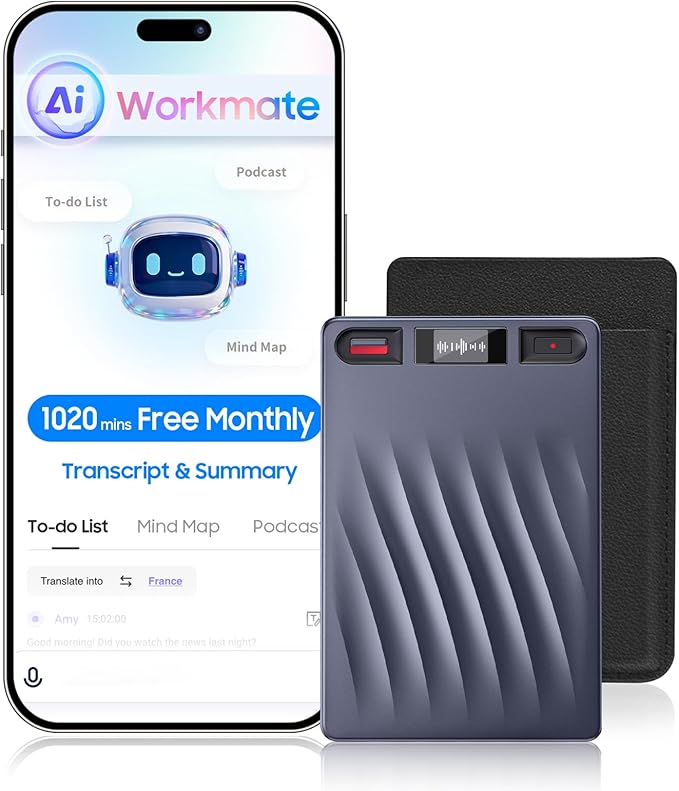 AI Voice Recorder, AI Note Taker w/APP Control and Transcription & Summarize, 150 Languages, Noise Cancellation, 64GB Memory, Pocket Note Pro Taking Device for Meeting, Interviews & Calls