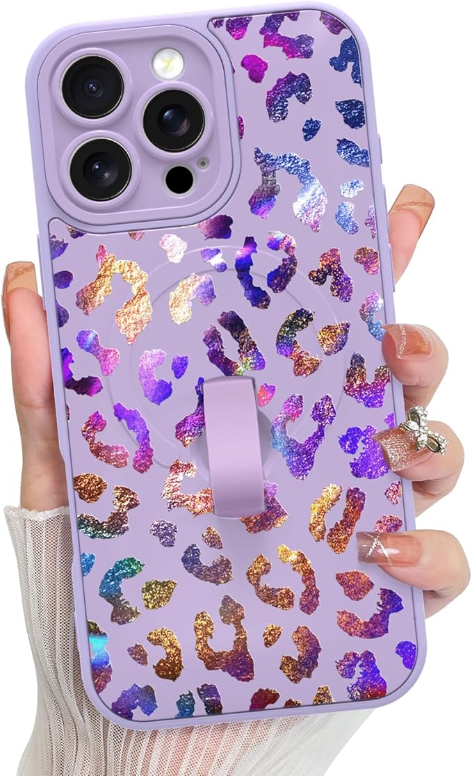 KANGHAR Compatible with iPhone 16 Pro Max Case, Support for MagSafe, Silicone Cute Iridescent Leopard Cheetah Pattern, Wristband Kickstand Shockproof Protective Slim Cover for Women Girls, Purple