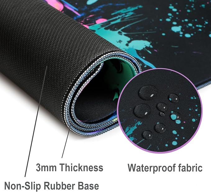 Gaming Mouse Pad, X-Large Waterproof Blacklight Colorful Splatter Art Game Controller Non-Slip Rubber Base Mousemat, Glow in The Dark Desk Mat for Office Home - 31.5 x 11.8 inches