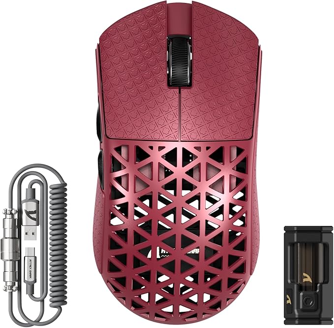 ATTACK SHARK R5 Ultra Wireless Gaming Mouse,Carbon Fiber Shell 39g Superlight,PAW3950MAX Nordic 52840 MCU 8K Polling 42K DPI Optical Sensor,BT/2.4G/USB-C Wired Mice with Coiled Cable-Red&Griptape