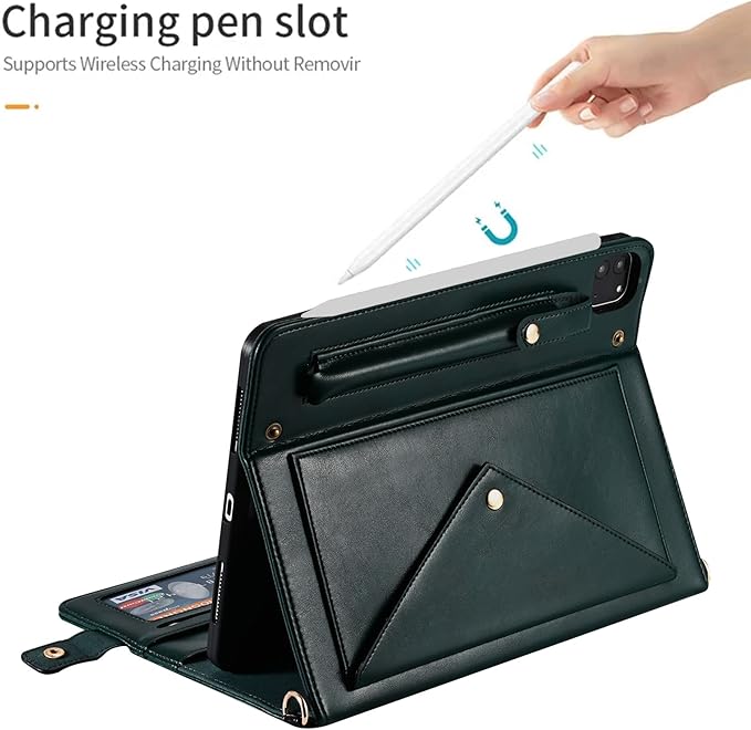 Handbag Case for iPad Pro 11" 2022/2021/2020 & iPad Air 11" M3 M2, Techcircle Folio Stand PU Leather Hand Strap Protective Cover, Crossbody Pencil Holder Card Slots Wallet Case, Midnight Green