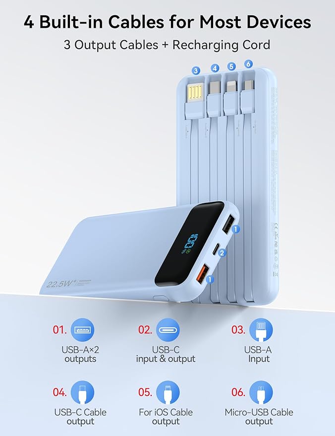 Portable Charger, 10000mAh 22.5W Fast Charging Power Bank with 4 Built-in Cables, Travel Essentials Battery Pack with LED Display, 6 Outputs Charging Bank Compatible with iPhone, iPad, Samsung Blue