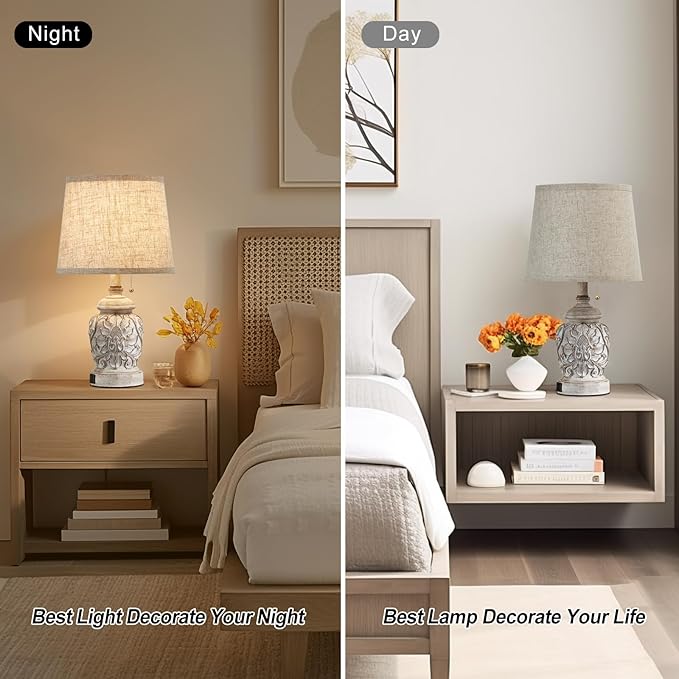 19.5" Vintage Rustic Table Lamp Set of 2 Farmhouse Table Lamps for Living Room Bedroom Decor with USB Ports Traditional Carved Floral White Bedside Night Light Lamps with Pull Chain Switch