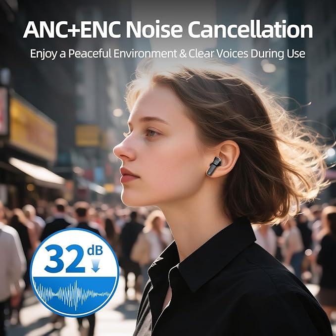 Wireless Earbuds, 100H Bluetooth 5.4 Headphones, ENC+ ANC Noise Cancelling Touch Control True Wireless Bluetooth Ear Buds,Stereo Deep Bass Bluetooth Headset for Sports/Workout/Gym (Black)