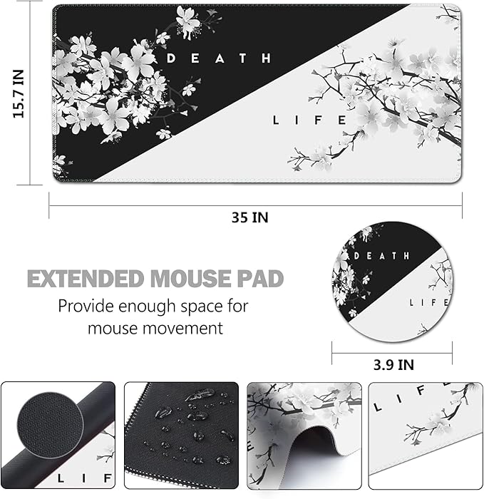 AIMSA Extended Gaming Mouse Pad, XL Large Keyboard Mouse Mat Desk Pad with Stitched Edges, Durable Non-Slip Base Mousepad for Home Office, 35x15.7inch, Black White Cherry Blossom