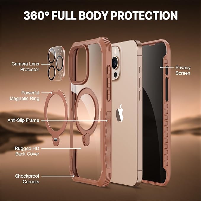 CENHUFO for iPhone 16 Pro Max Case, Compatible with Magsafe Full Body Phone Case Built-in 9H Tempered Glass Privacy Screen Protector and 360° Spin Magnetic Stand Ring Camera Lens Cover -Desert Brown