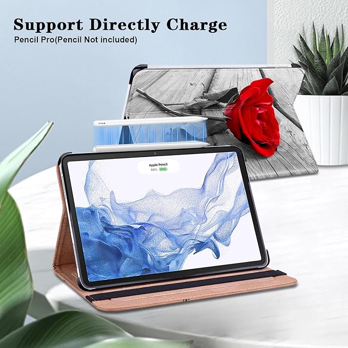 Case for iPad Air 13 inch (M4/M3/M2) 2026/2025/2024, PU Leather Stand Shockproof Cover with Pen Holder & Card Slots - One Rose