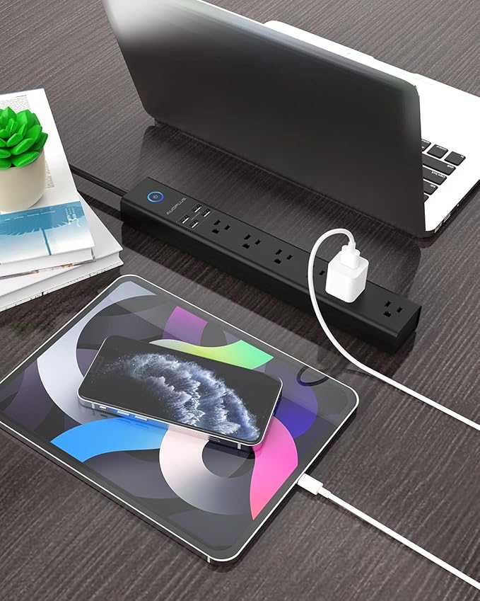 15 Ft Power Strip Surge Protector, 6 Outlets and 4 USB Ports, Flat Plug Power Strips Long Extension Cord with Overload Protection, Wall Mount for Home, Office, Dorm, ETL Listed