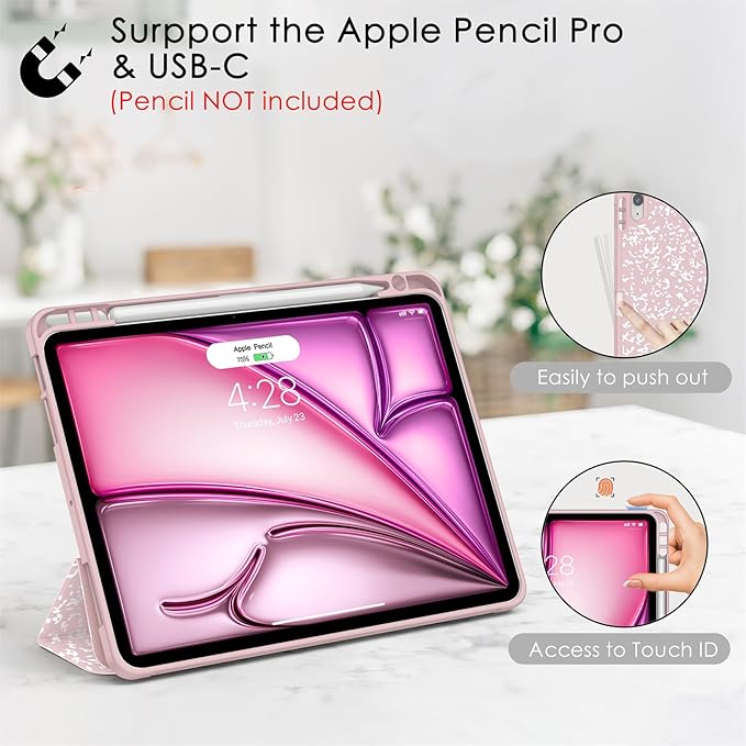Soke Case for New iPad Air 11 Inch (M4/M3/M2, 2026-2024), iPad Air 5th/4th Generation 10.9 Inch (2020-2022) with Pencil Holder, Soft TPU Back Cover & Auto Sleep/Wake, Book Pink