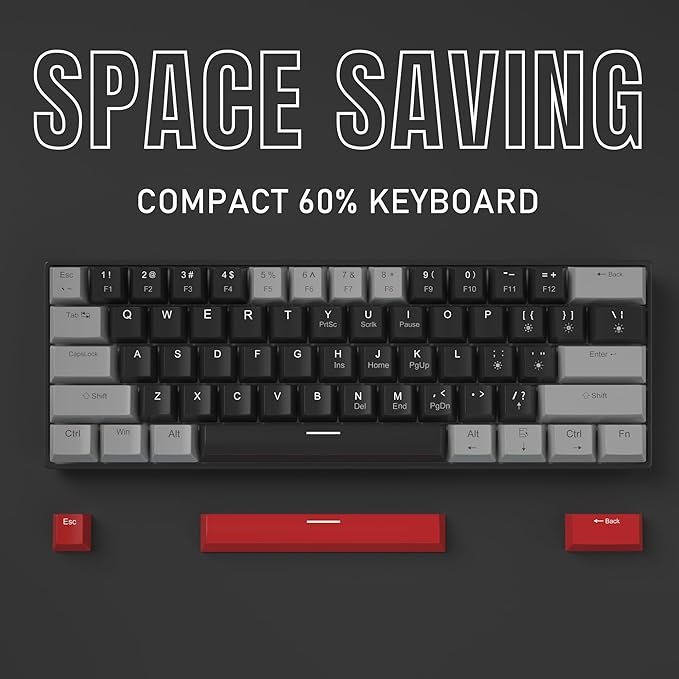 Camiysn 60% Mechanical Gaming Keyboard,Mixed Color Keycaps Gaming Keyboard with Linear Red Switches, Detachable Type-C Cable Mini Keyboard with Blue LED Light for PC/Laptop