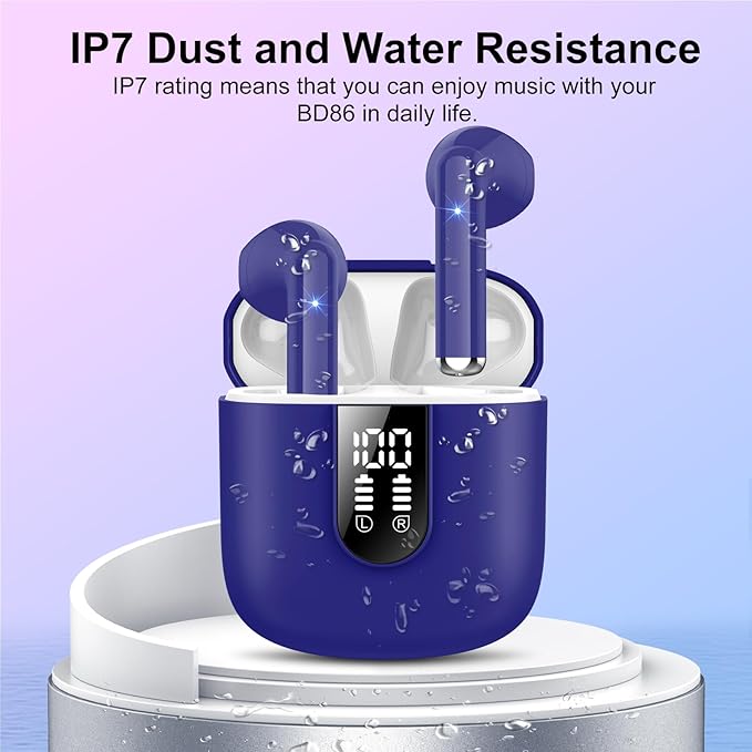 Wireless Earbuds, Bluetooth 5.4 Headphones HiFi Stereo, Bluetooth Earbuds with ENC Noise Cancelling Mic, 36H LED Display Ear Buds, IPX7 in Ear Earphones for Phone Tablet Laptop Sports, Dunkelblau