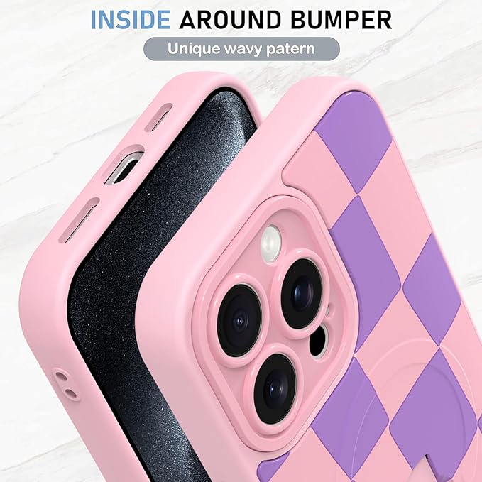 KANGHAR Compatible with iPhone 15 Pro Max Case, Support for MagSafe, Silicone Checkered Cute Pattern, Wristband Kickstand Camera Protection Soft Slim Cover for Girls Women -Pink