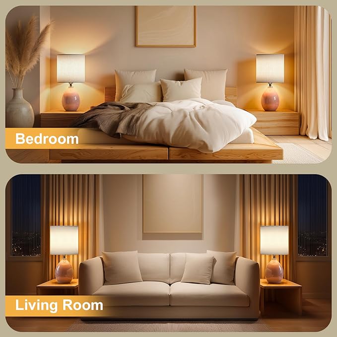 Dawnwake 18.5" Table Lamps Set of 2 for Living Room Bedroom, Bedside Lamps for Night Stands, Desk Nightstand Lamp Dimmable, Modern Linen Ceramic Lamps，Pink