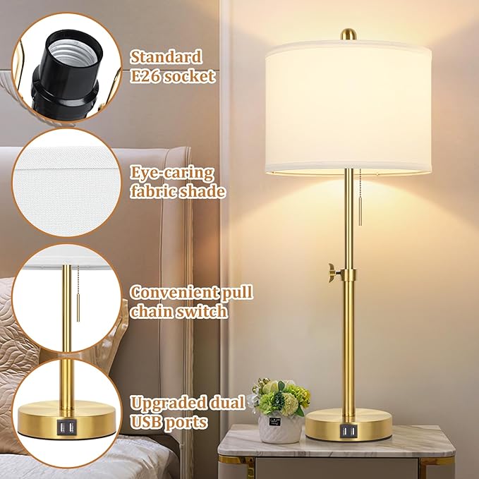 Kondras Table Lamp Set of 2, Bedside Lamp with 2 USB Ports, Gold Tall Table Lamp for Living Room End Tables, 23" to 30" Height Adjustable Lamp for Bedroom, Farmhouse Table Lamps with Pull Chain, E26