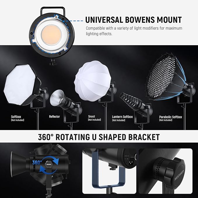 NEEWER 200W RGBWW COB LED Video Light with Diffuser, APP/2.4G 360° Color 2500K-7500K 23000lux/m Bowens Metal Shell Silent Continuous Output Lighting TLCI/CRI97+ for Photography Video Recording, CB200C
