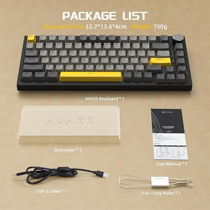 Attack Shark ajazz AK820 75% Wired Mechanical Gaming Keyboard Hot Swappable RGB Custom Keyboard Gasket Mount CNC Knob PBT Keycap Linear Moon Switch NKRO for PC/Win/Mac-Black/Grey