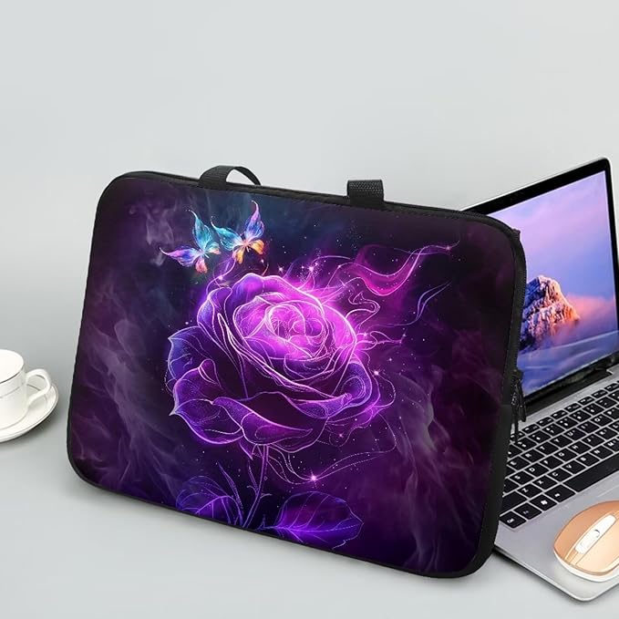Purple Rose Butterfly Laptop Sleeve 12 Inch, Laptop Tote Bag for Women Girls, Waterproof Computer Tablet Handbag Case with Handle, Carrying Case Laptop Cover for Travel/Business/School