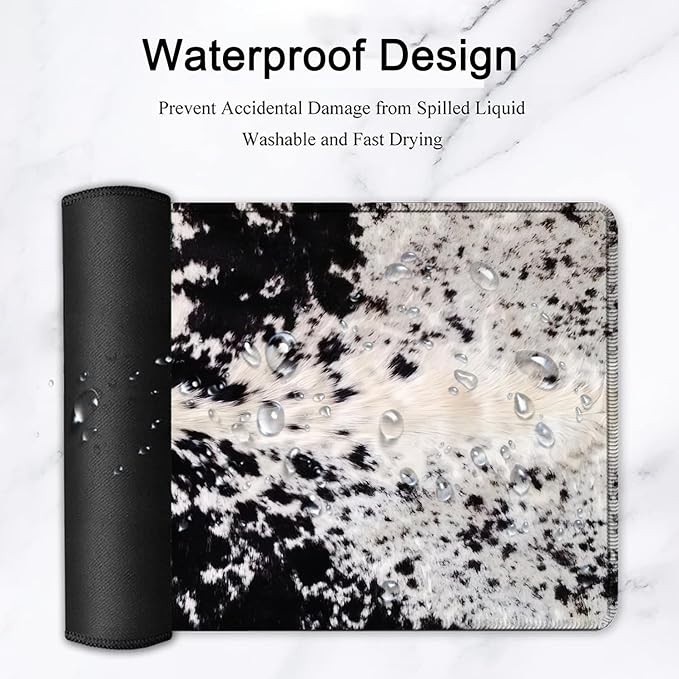 Large Gaming Mouse Pad, Extended Waterproof Desk Pad Protector (31.5" x 11.8") Ergonomics Memory Foam Mouse Wrist Rest Support, for Home Office Laptop, Black and White Cowhide Fur XXL Mouse Mat