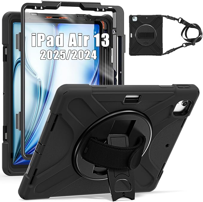 TSQQST Case for iPad Air 13 Inch M4 M3 M2 (2026-2024) with Screen Protector, Pencil Holder, Stand, Hand Strap, Military Grade Heavy Duty Rugged Case for iPad Pro 12.9 6th/5th/4th/3rd Gen, Black