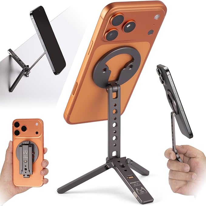 Ultra-Compact Magnetic Tripod for iPhone | Foldable Hook Design, 20 N52 Magnets, Cold Shoe & 1/4" Screw - Phone Stand for iPhone 12-17 & MagSafe Devices