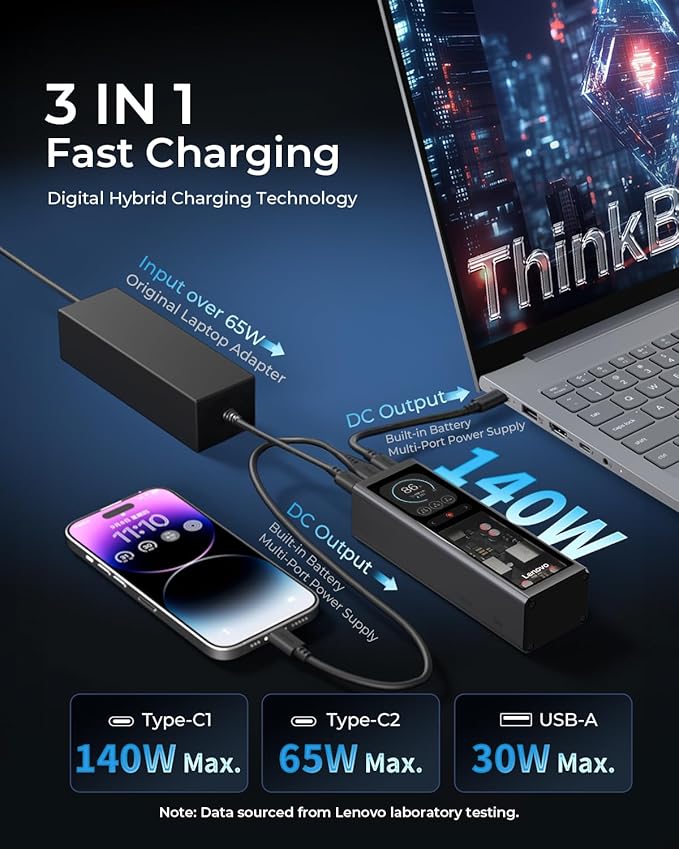 Lenovo 140W Portable Power Bank with 3-Port Digital Hybrid Charger, TFT Display for ThinkBook 14, MacBook, iPhone, Samsung Galaxy, Travel Charging Station with 240W Cable