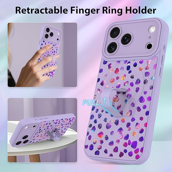 KANGHAR Compatible with iPhone 17 Pro Case, Support for MagSafe, Silicone Cute Iridescent Pattern Leopard Print Cheetah, Wristband Kickstand Shockproof Soft Slim Cover for Girls Women, Purple