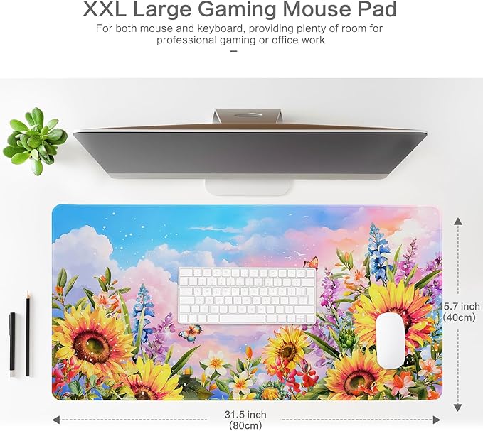 Lokigo Sunflower Mouse Pad Desk Pad Large Gaming Mouse Pad Floral Butterfly Non-Slip Rubber Base Mousepad Keyboard Writing Desk Mat for Home Office Work Study Gaming 31.5"x15.7", Flowers