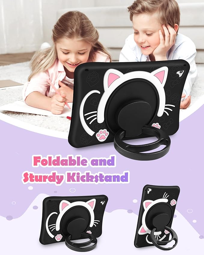 Wazzasoft for iPad 6th Generation/Air 2/ Pro 9.7 Inch Case Girls Cute Black Cat Cover Girly Kawaii with Rotating Handle Stand & Strap Silicone Funda for iPad Cases 6th Gen/Air2/Pro 9.7”