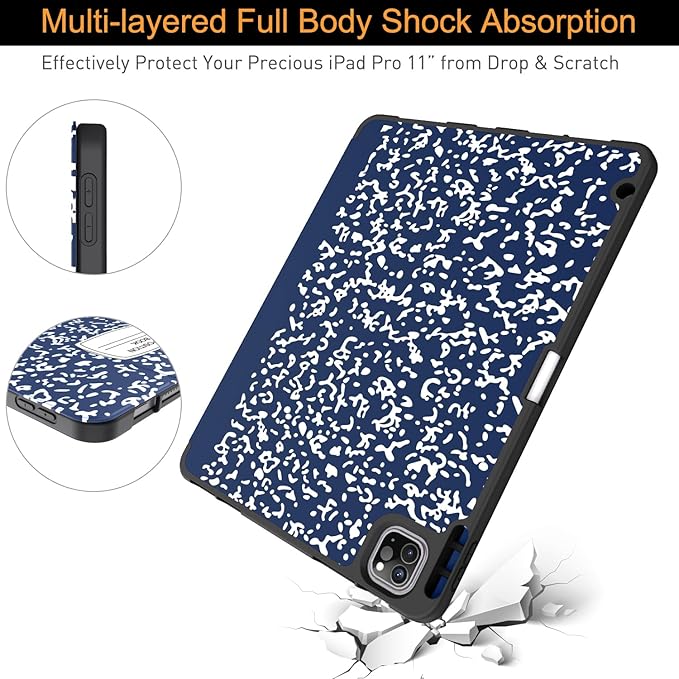 Soke for iPad Pro 11 Case (M2) 2022/2021/2020 with Pencil Holder - [Full Body Protection + Apple Pencil Charging + Auto Wake/Sleep], Soft TPU Back Cover for 2022 iPad Pro 11 inch(B-Book Navy)