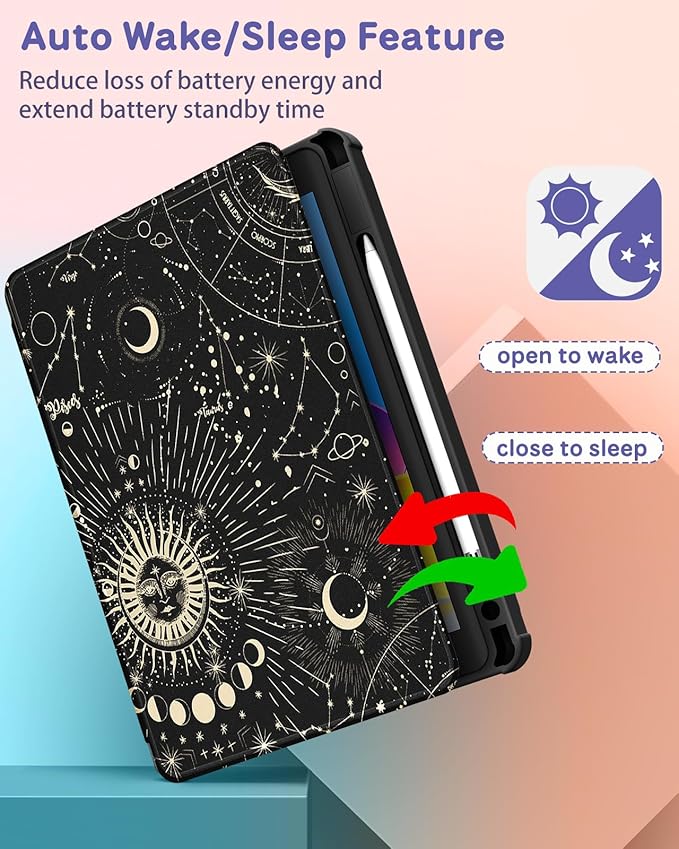 Uppuppy for iPad Air 11 inch Case, Air 5th/4th Generation 10.9, Pro 11'' Case Women Girls for Apple Pencil Holder Cute Sun and Moon Stars Rotating Folio Cover for iPad Air 5/4 (2022/2020)/Pro 11"